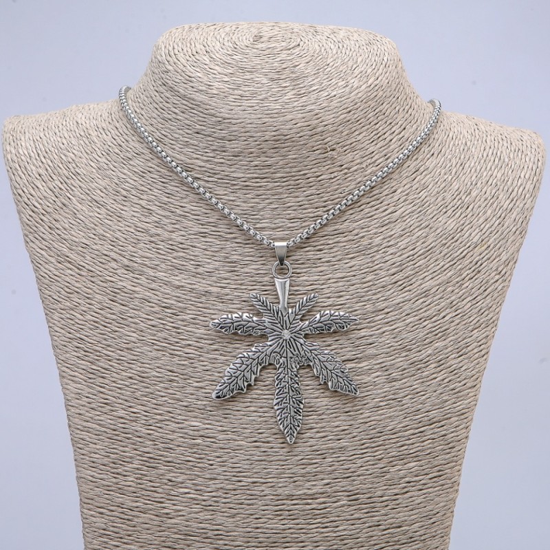 "Hemp Leaf" Pendant with White Rhinestone 72x53mm on Chain, Length 65cm, Silver-Tone Metal Color