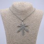 "Hemp Leaf" Pendant with White Rhinestone 72x53mm on Chain, Length 65cm, Silver-Tone Metal Color