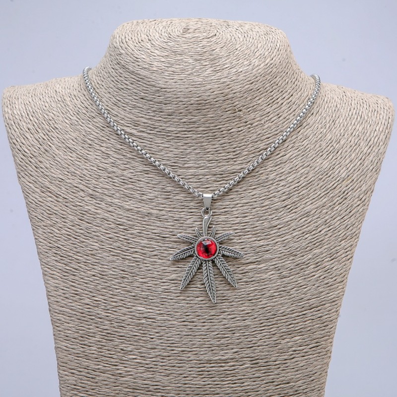 "Hemp Leaf with Dragon Eye" Pendant 38x55mm on Chain, 65cm Length, Silver-Tone Metal