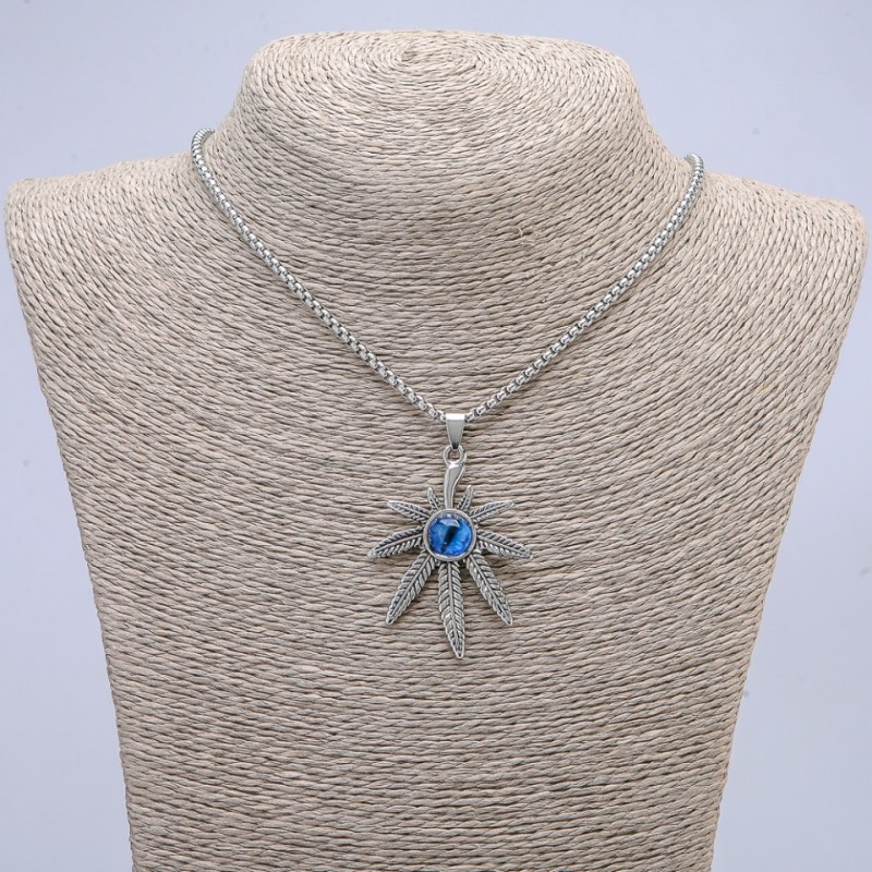 Hemp Leaf with Dragon's Eye Pendant 38x55mm on a Chain, 65cm Length, Silver-Tone Metal