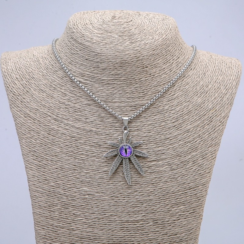 "Hemp Leaf with Dragon Eye" Pendant 38x55mm on Chain, 65cm Length, Silver-Tone Metal