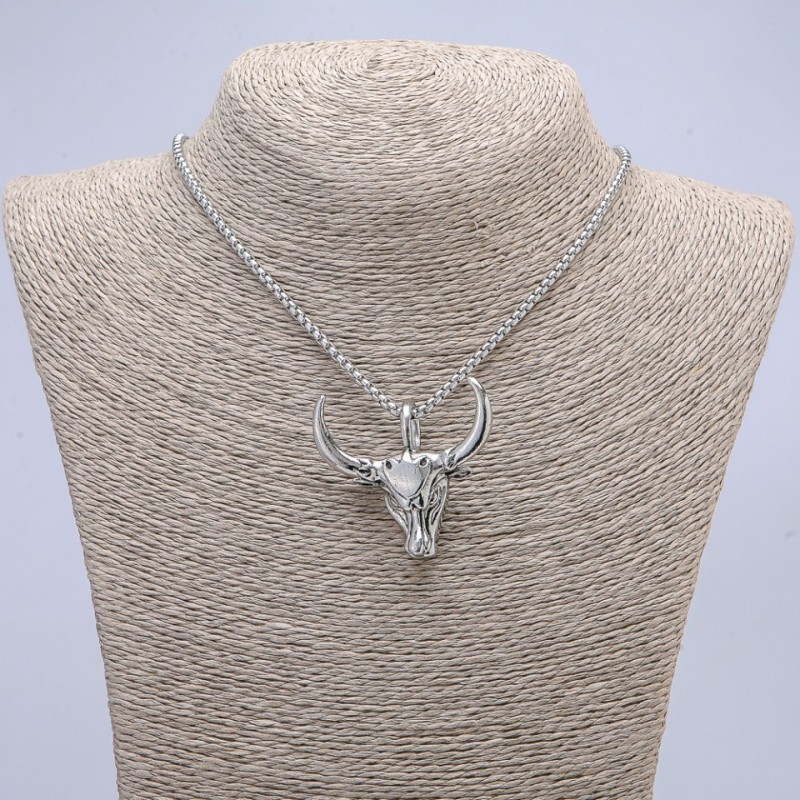 Bull Skull Pendant 40x45mm on a Chain, 70cm Length, Silver-Tone Metal