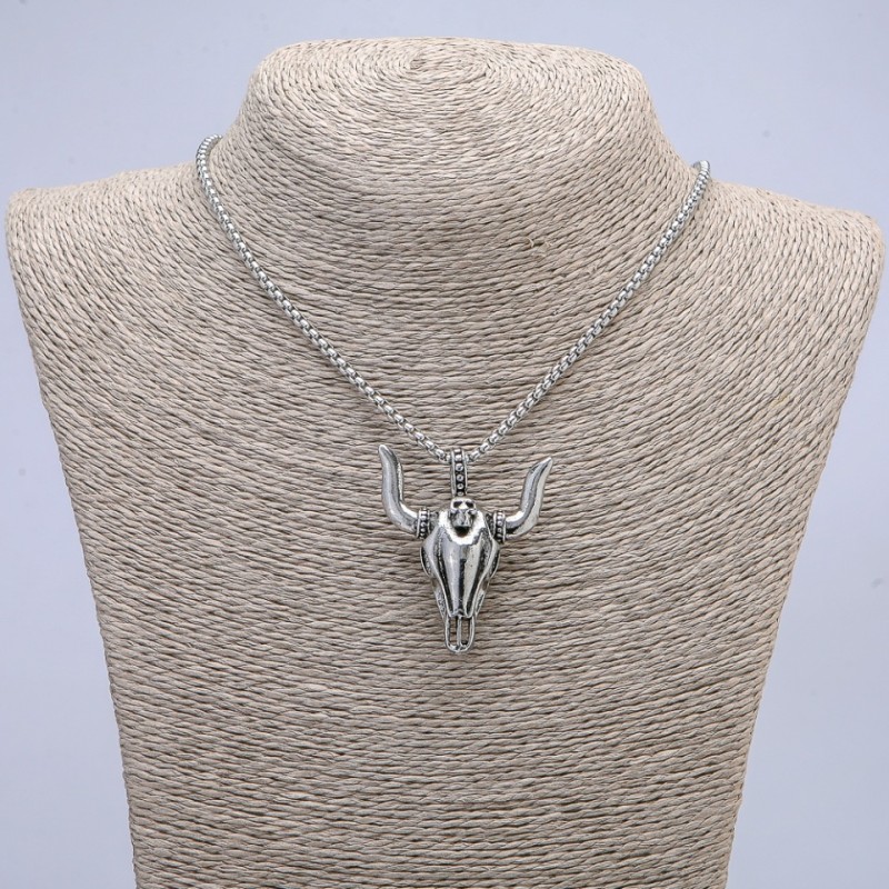 Goat Skull Pendant 47x38mm on a Chain, 70cm Length, Silver-Tone Metal