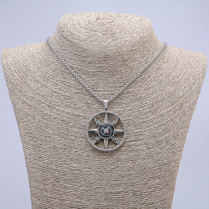 "Compass" Pendant 50x38mm on Chain, 70cm Length, Silvery Metal