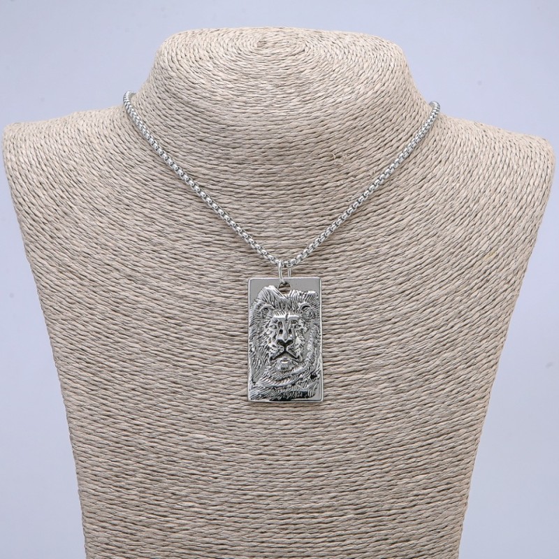 "Lion" Pendant 50x26mm on Chain, 70cm Length, Silver-Tone Metal
