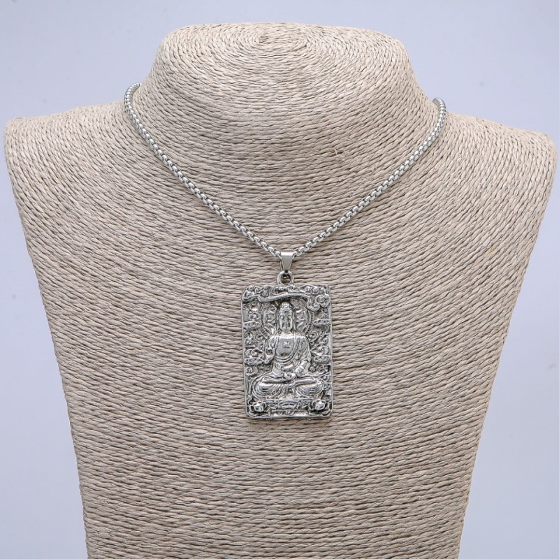 "Buddha" Pendant 58x32mm on Chain, 70cm Length, Silver-Tone Metal