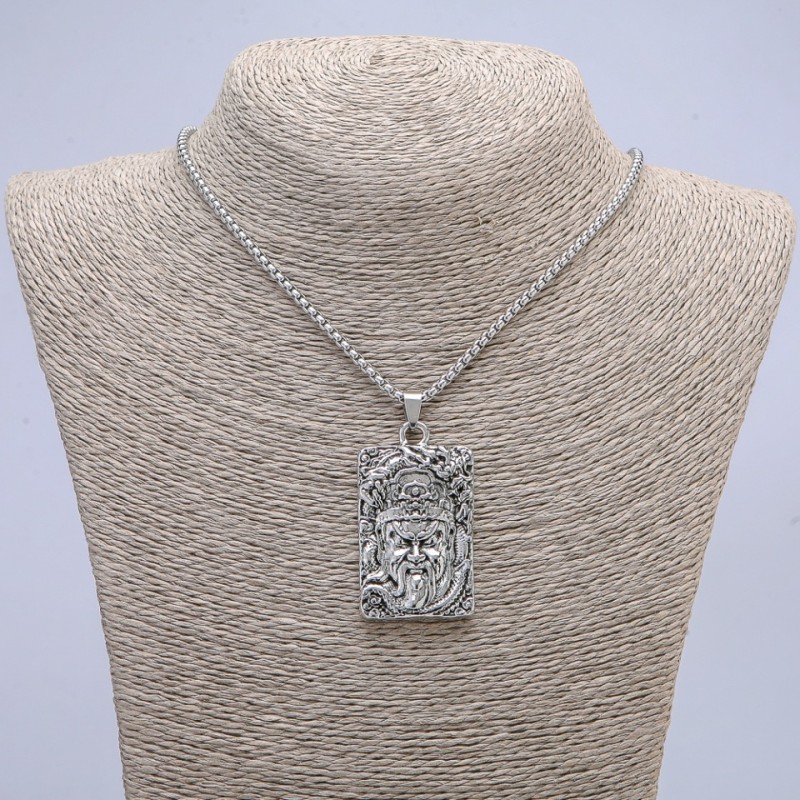 Samurai Face Pendant 57x28mm on a Chain, 70cm Length, Silver-Tone Metal
