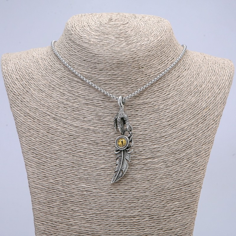 "Paw with Feather Dragon Eye" Pendant 70x20mm on Chain, Length 70cm, Silver-Tone Metal
