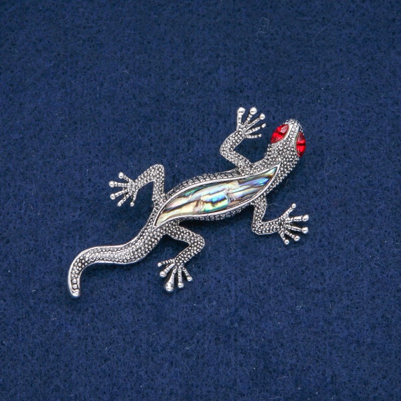 Lizard Brooch with Chalcedony, red crystals, silver-tone metal 66x35mm +