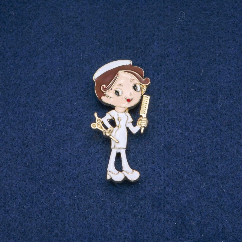 Brooch Hairdresser, White Enamel, Gold-Tone Metal 47x24mm +