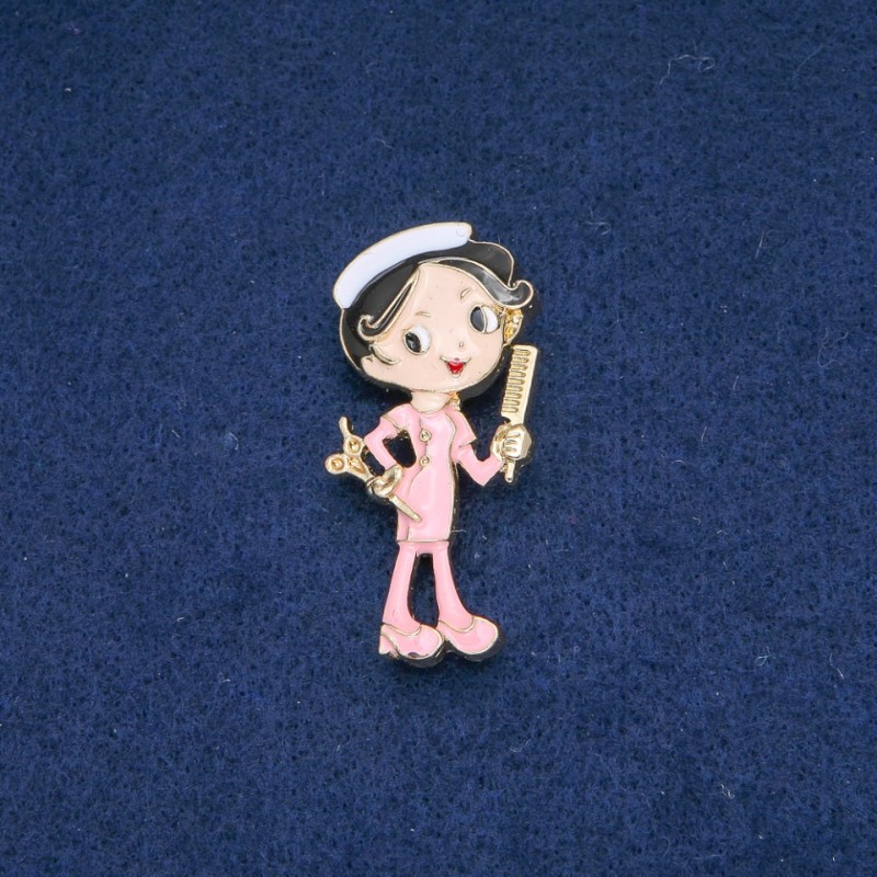 Hairdresser Brooch, Colored Enamel, Gold-Tone Metal 47x24mm +