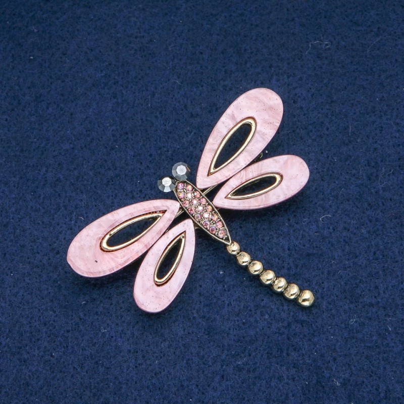 Dragonfly Brooch, Pink Mother-of-Pearl, Pink Petrol and Gray Rhinestones, Gold-Tone Metal, 62x45mm +