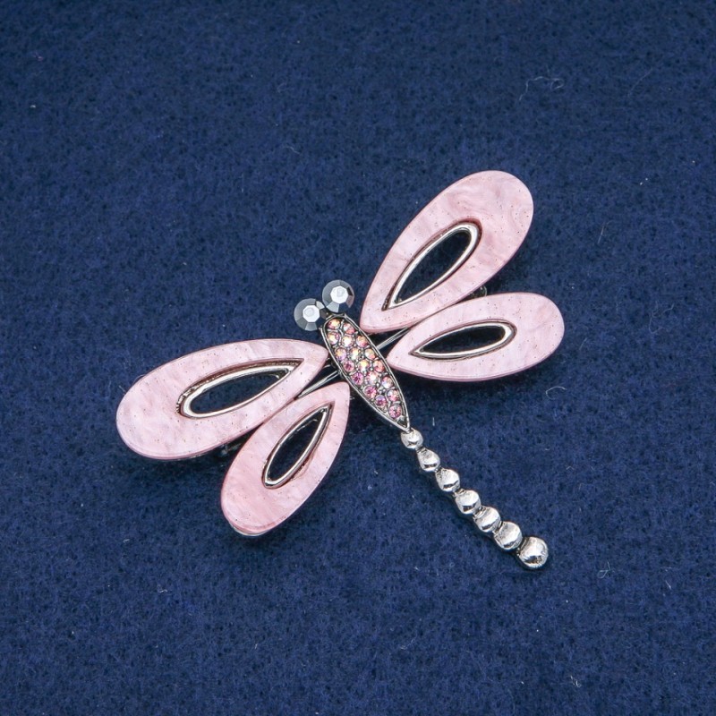Dragonfly Brooch, Pink Mother-of-Pearl, Pink Gasoline-Tone and Gray Rhinestones, Silver-Tone Metal, 62x45mm+