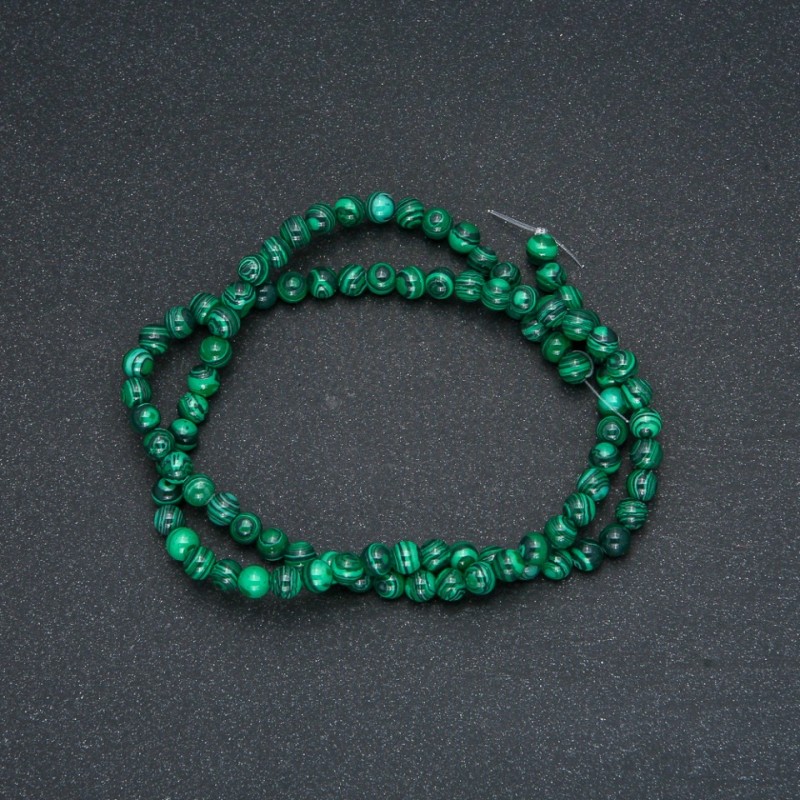 Beads on Thread, Malachite (Pressed), Smooth Round, Diameter 4mm +/-, Length 40cm +