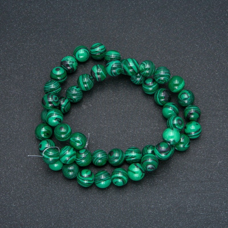 Malachite Beads on Thread (Pressed) Smooth Sphere, 8mm Diameter, 40cm Length +