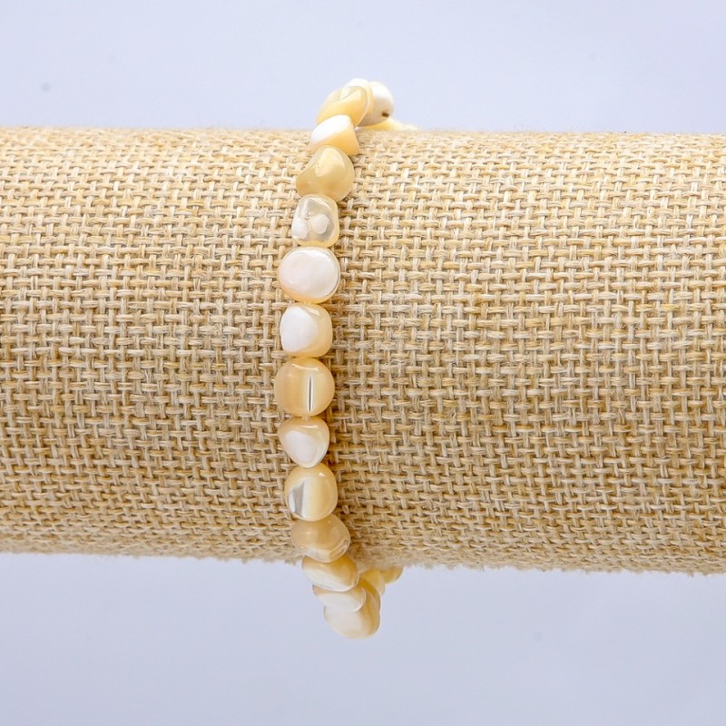 Bracelet on Elastic Band, Natural Mother-of-Pearl Beige Round Tumbled, diameter 7x5mm+