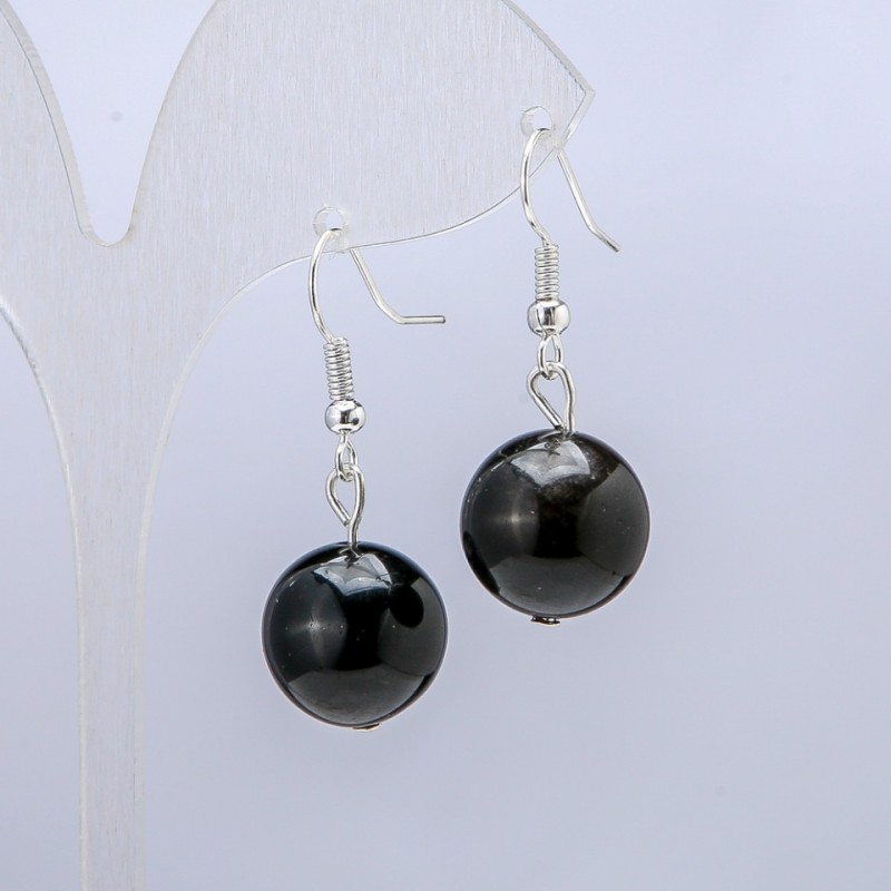 Silver-Tone Obsidian Earrings, Diameter 14mm+/-, Length 30mm+
