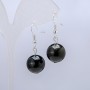 Silver-Tone Obsidian Earrings, Diameter 14mm+/-, Length 30mm+