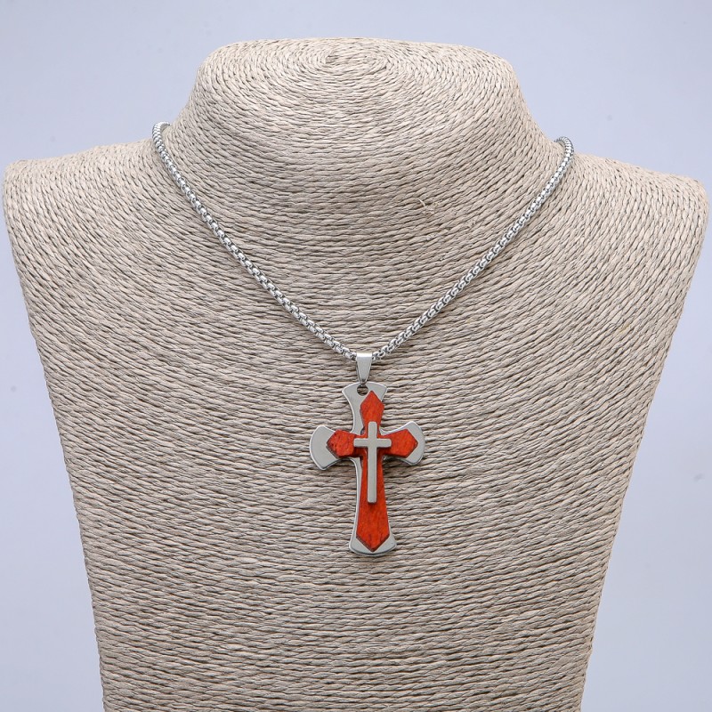Cross Pendant 55x30mm +/- on a chain, length 65cm, silver-tone metal, wood
