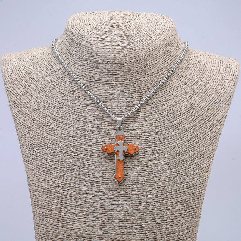 Cross Pendant 55x32mm+/- on a Chain, Length 65cm, Silver-Tone Metal & Wood