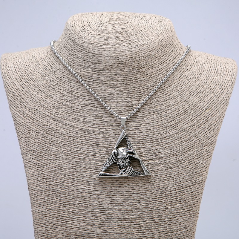 Pendant "Skull in Triangle" 50x45mm on chain, length 70cm, silver-tone metal