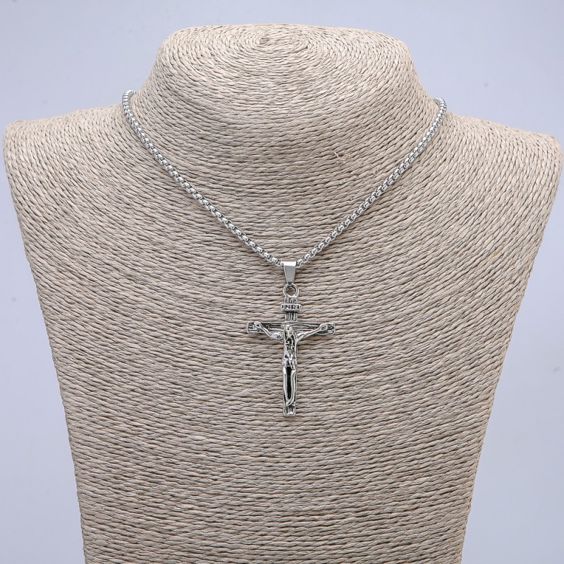 Pendant "Cross" 52x30mm +/- on a chain, length 70cm +/- silver-tone metal
