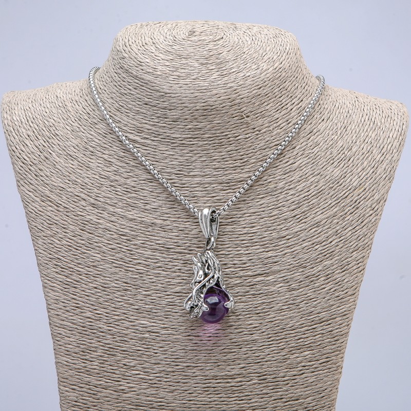 Dragon Head and Lilac Ball Pendant 22x51mm +/- on a chain, length 65cm, silver-tone metal