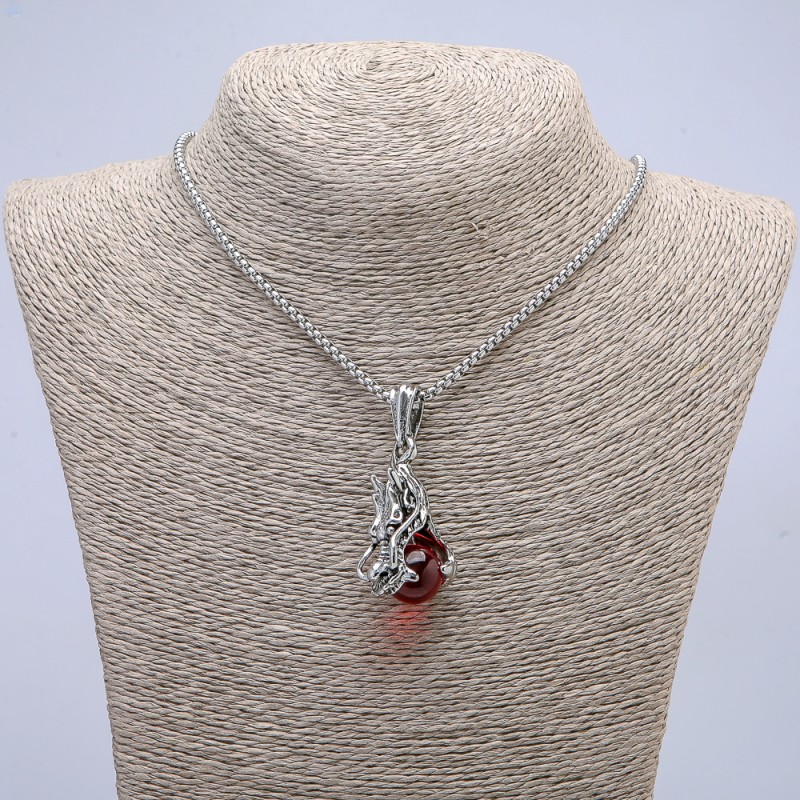 Pendant Dragon Head and Red Ball 22x51mm+ - on Chain, length 65cm, metal color silver