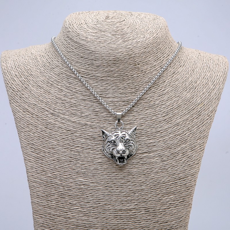 Pendant "Tiger Head" 45x30mm +/- on a chain, length 70cm, silver-tone metal