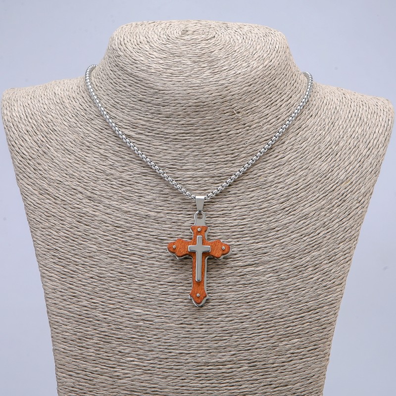 Cross Pendant 50x30mm+/- on a Chain, Length 65cm, Silver-Tone Metal & Wood