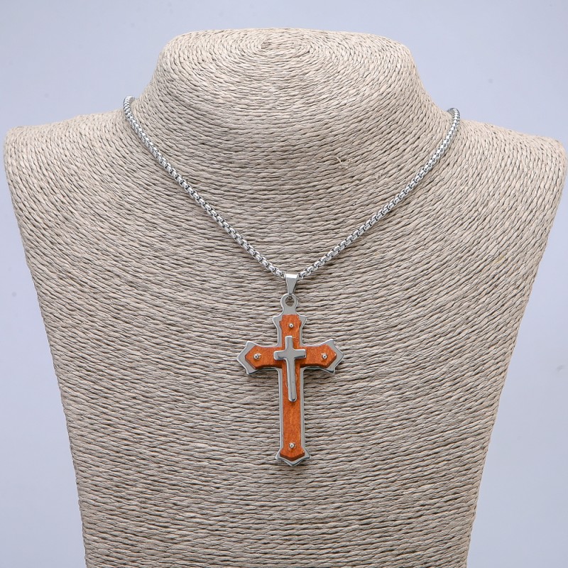 Pendant "Cross" 65x35mm +/- on chain, length 65cm, silver-tone metal, wood