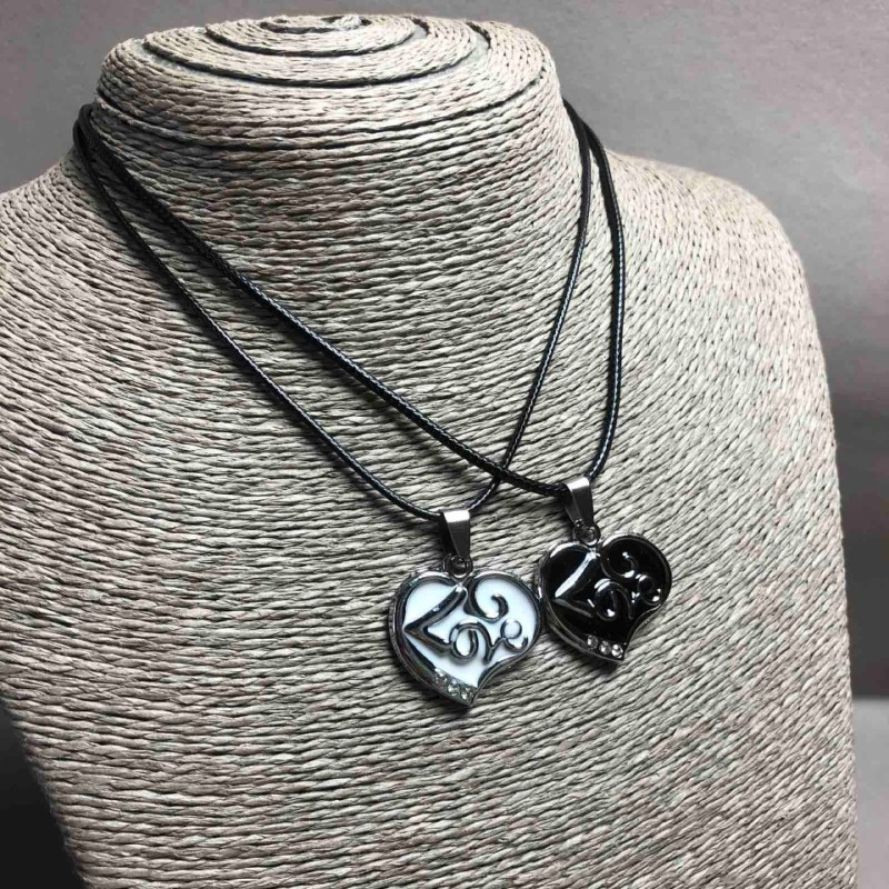 Matching Heart "Love" Pendants, Black and White Enamel, White Rhinestones, 33x27mm+/-, Length 45-50cm