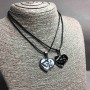 Matching Heart "Love" Pendants, Black and White Enamel, White Rhinestones, 33x27mm+/-, Length 45-50cm
