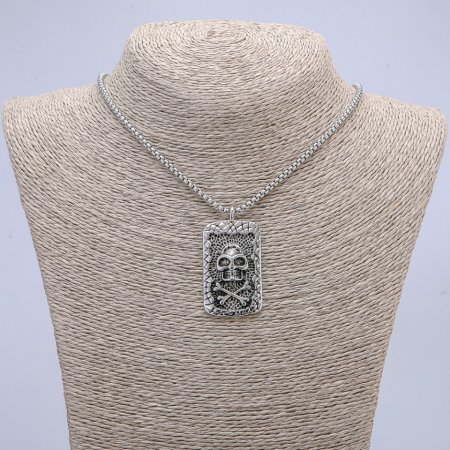 "Skull and Bones" Pendant 48x26mm on Chain, Length 70cm +-, Silver-Tone Metal