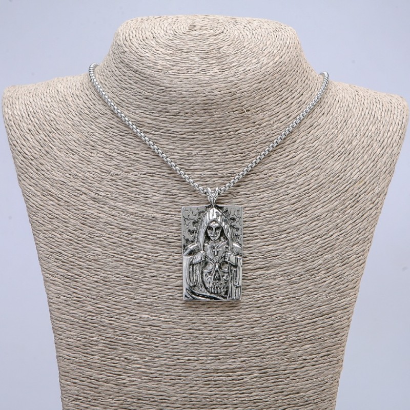 "Hooded Figure" Pendant 55x30mm on Chain, Length 70cm +/-, Silver-Tone Metal