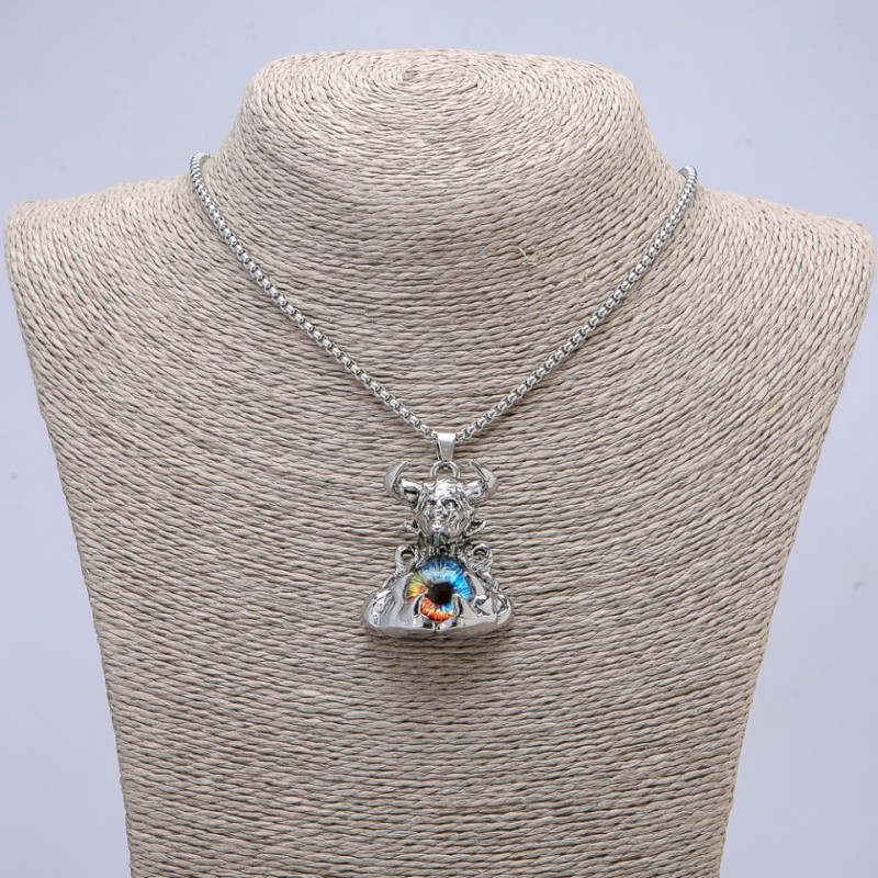 "Demon with Dragon Eye" Pendant 45x30mm on Chain, Length 70cm +/-, Silver-Tone Metal