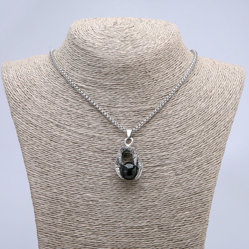 "Ball in Claw" Pendant, Black, 42x22mm, on Chain, Length 70cm+/-, Silver-Tone Metal
