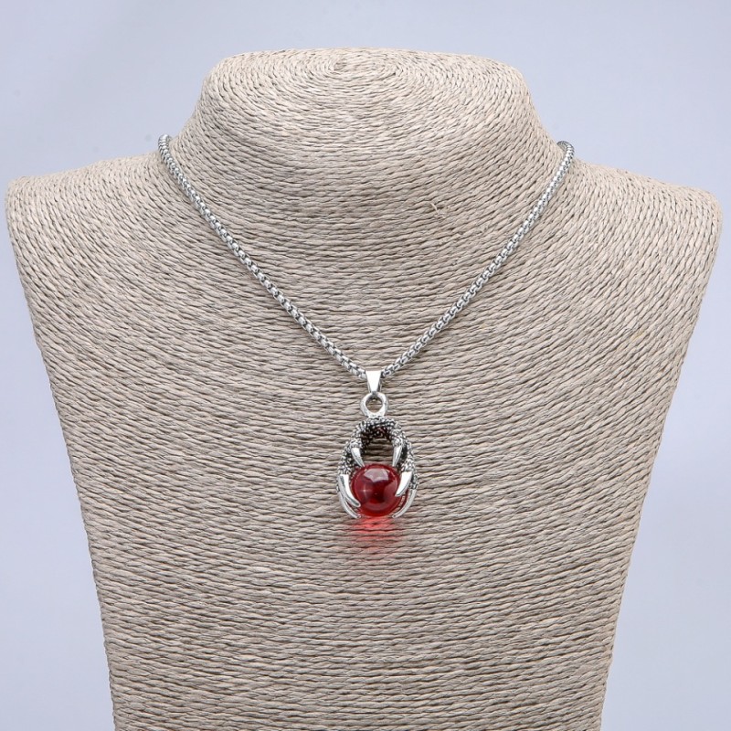 "Ball in Claw" Red Pendant 42x22mm on Chain, Length 70cm +/- Silver-tone Metal