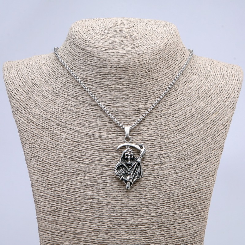 "Death with Scythe" Pendant 50x28mm on Chain, Length 70cm +/-, Silver-Tone Metal