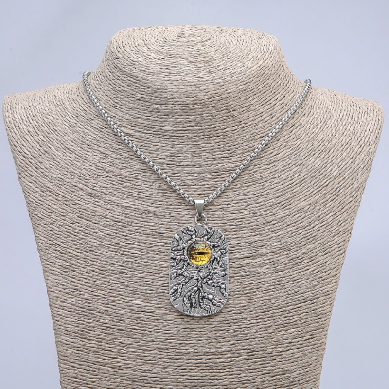 Dragon Eye Pendant, Yellow, 30x58mm on Chain, Length 65cm, Silver Metal Color