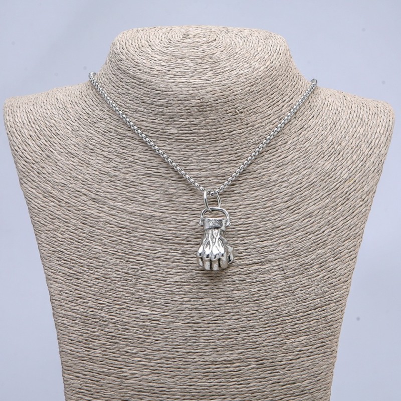 "Fist" Pendant, 40x18mm, on Chain, Length 70cm+/-, Silver-Tone Metal