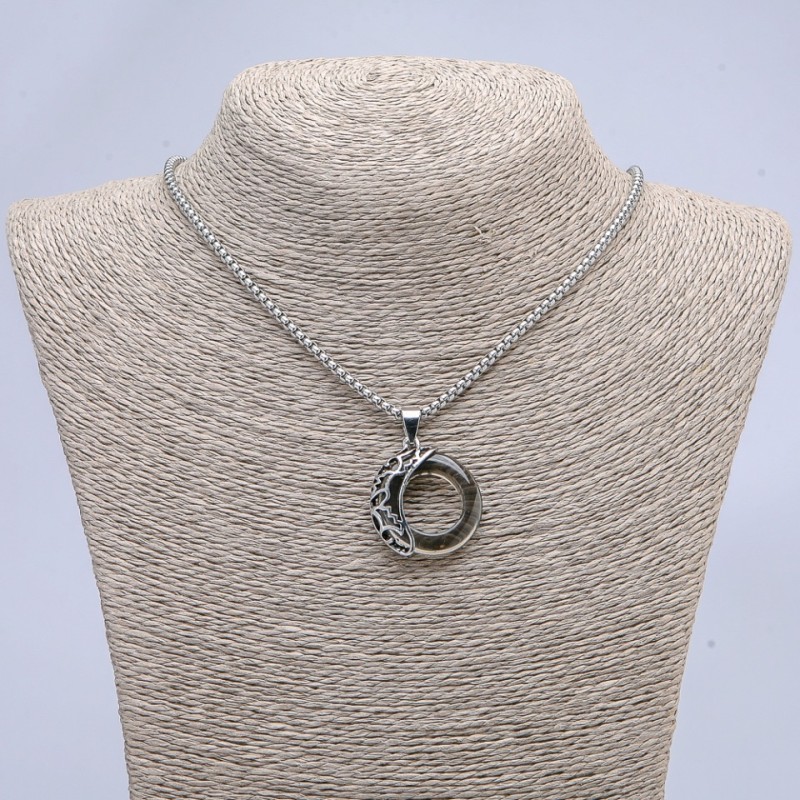 "Moon" Pendant, Dark Gray, 35x28mm on Chain, Length 70cm +/-, Silver-Tone Metal