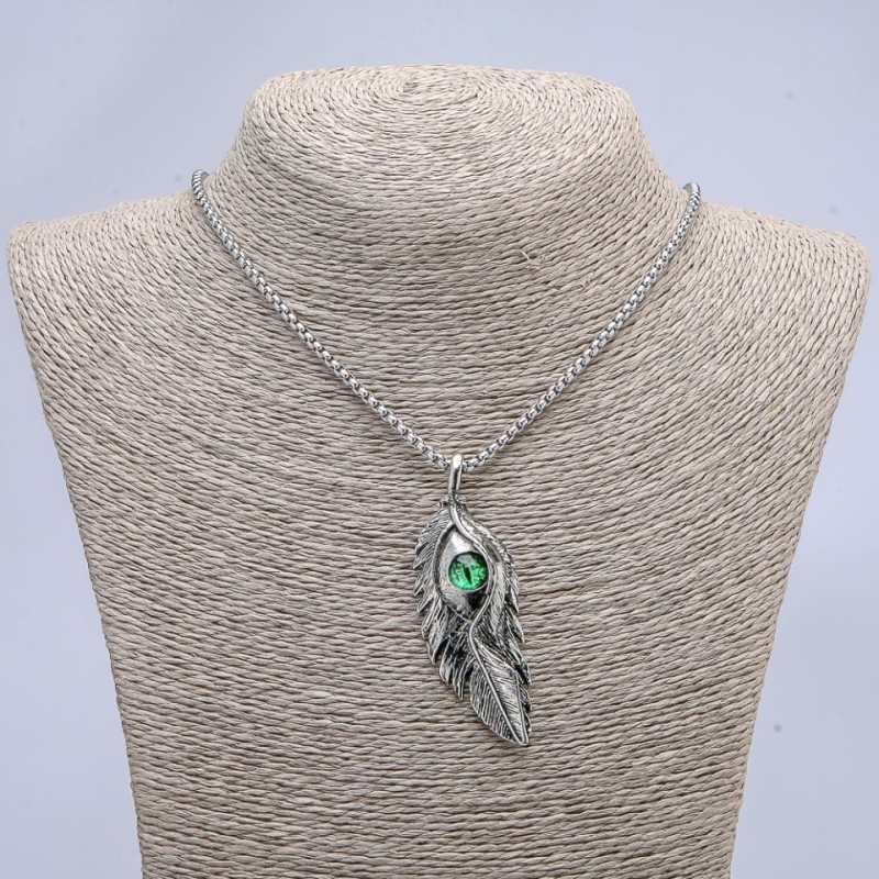 Pendant "Feather with Dragon Eye" 65x23mm on chain, length 70cm +/- silver-tone metal
