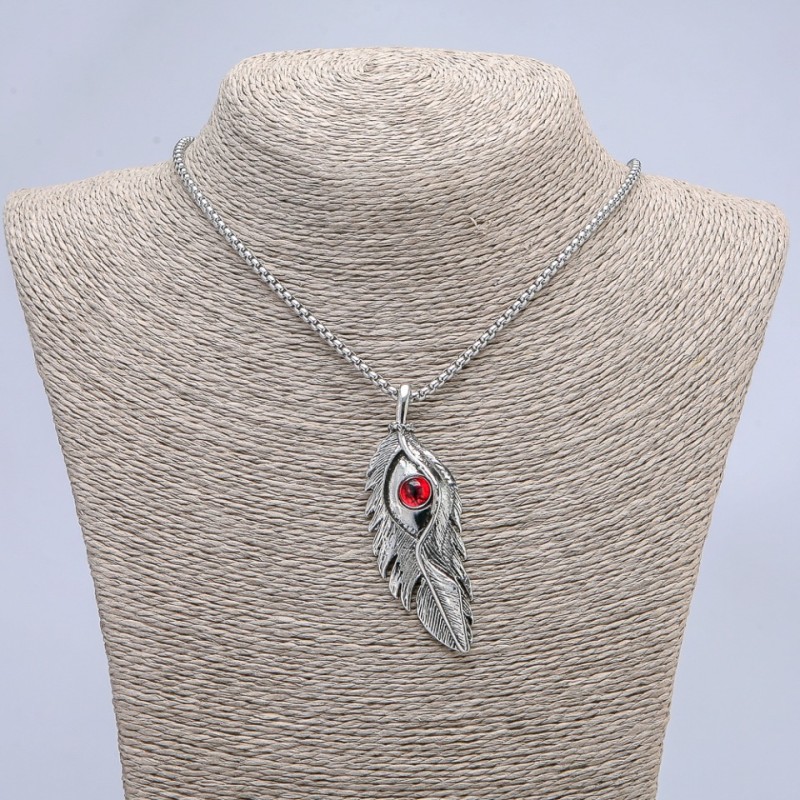 Dragon Eye Feather Pendant 65x23mm on Chain, Length 70cm +/- Silver-Tone Metal