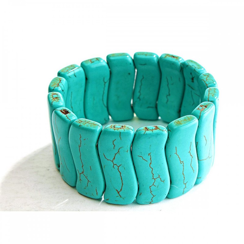 Green Turquoise Bracelet with Veining, Big Wave, on Elastic Band