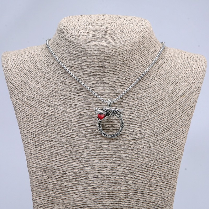 Dragon with Red Ball Pendant 36x25mm on Chain, Length 70cm +/- Silver-Tone Metal