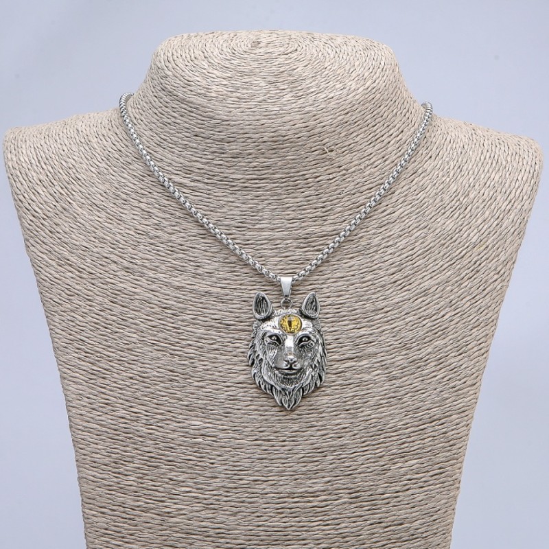 Wolf Amulet Pendant, Yellow Eye 29x47mm on chain, length 65cm, silver-tone metal