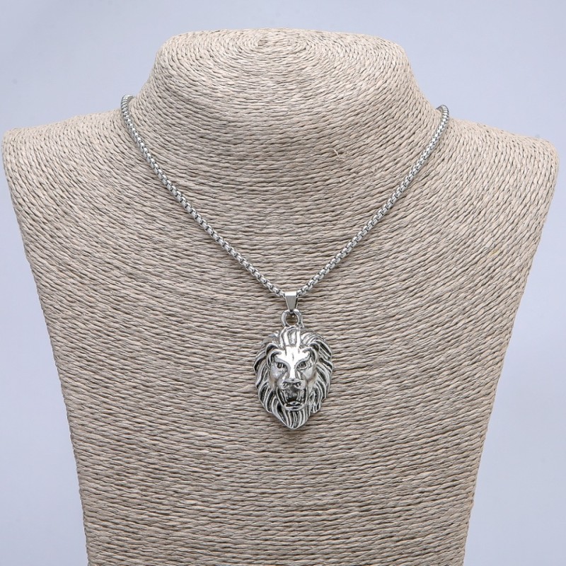 Lion Pendant 45x27mm on Chain, Length 70cm +/- Silver-Tone Metal