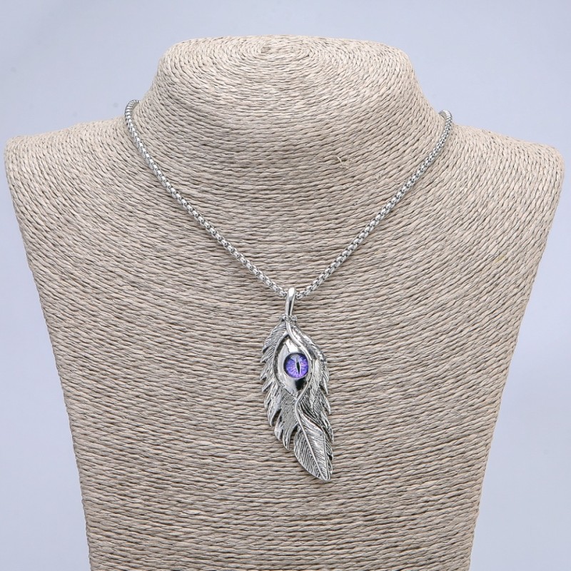 Dragon Eye Feather Pendant 65x23mm on Chain, Length 70cm +/- Silver-Tone Metal