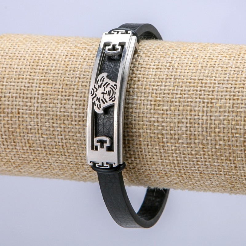Men's Belt Bracelet, Black Eco-leather, Thickness 7mm +/- Silver-tone Blade, Length 57cm